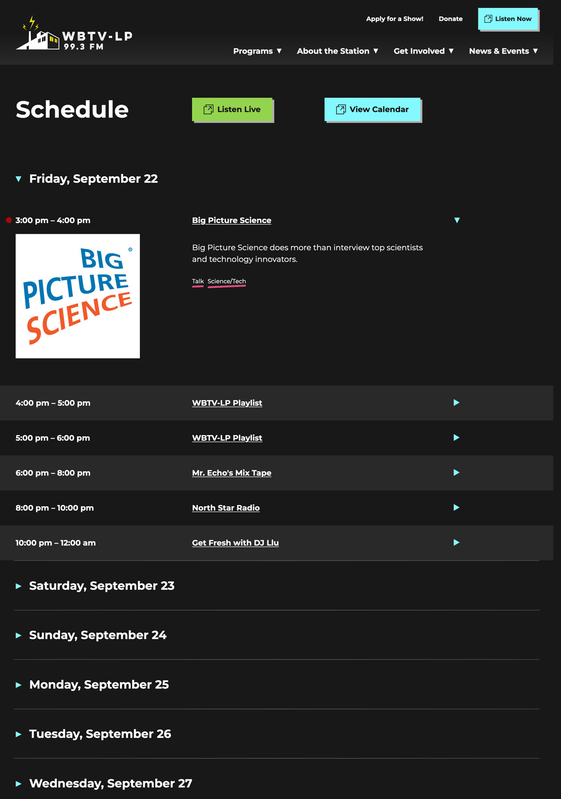 WBTV-LP Schedule page. A list of days with the current day expanded to show of a list of the day's programs and times.